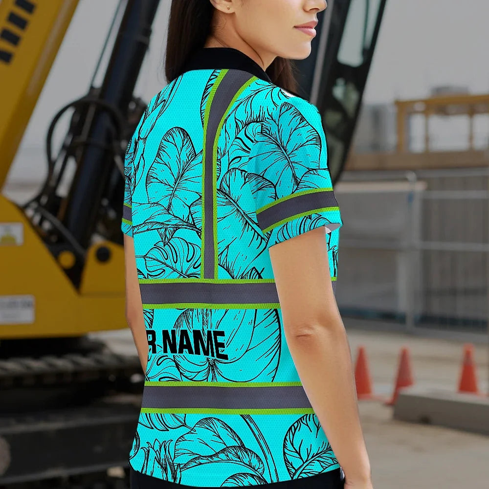 Hi Vis Polo Shirt Reflective Tapes Blue Neon Flowers Custom Name Safety Workwear For Workers, Truckers, Operators