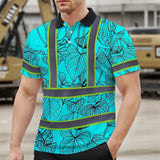 Hi Vis Polo Shirt Reflective Tapes Blue Neon Flowers Custom Name Safety Workwear For Workers, Truckers, Operators