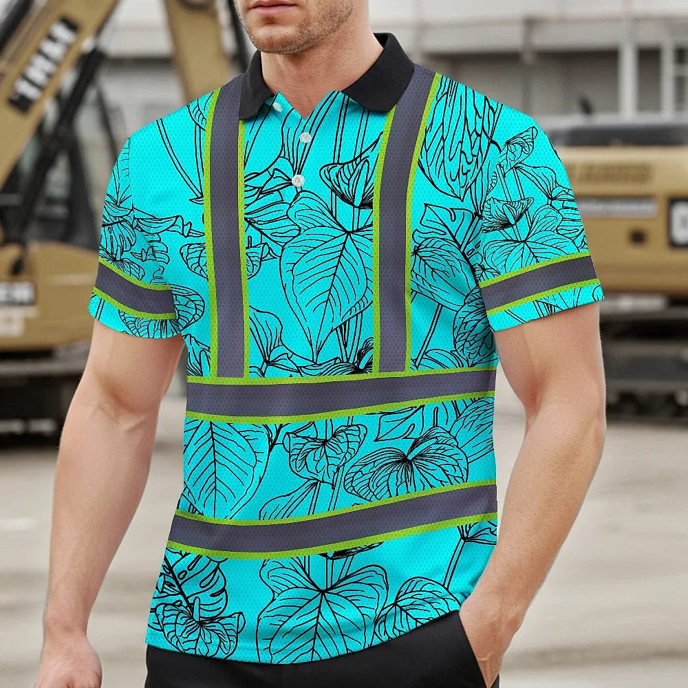 Hi Vis Polo Shirt Reflective Tapes Blue Neon Flowers Custom Name Safety Workwear For Workers, Truckers, Operators