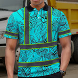 Hi Vis Polo Shirt Reflective Tapes Blue Neon Flowers Custom Name Safety Workwear For Workers, Truckers, Operators