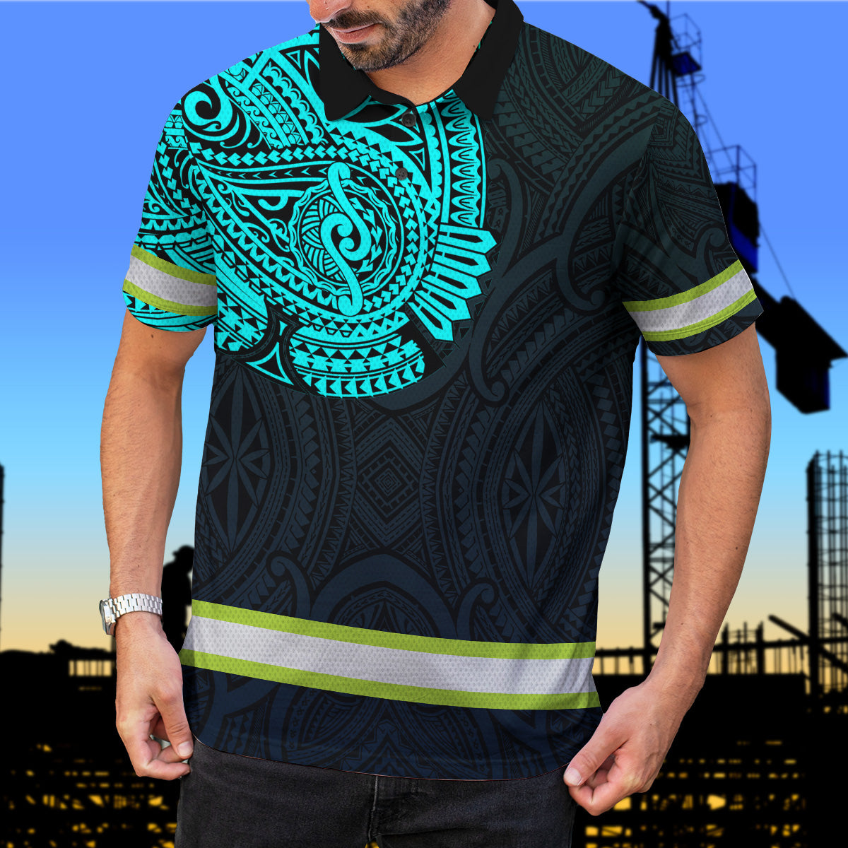 Hi Vis Polo Shirt Reflective Tapes Blue Neon Hawaii Custom Name