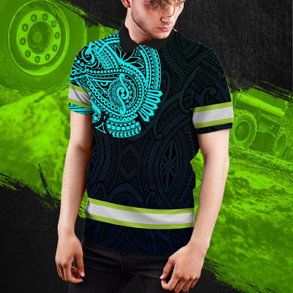 Hi Vis Polo Shirt Reflective Tapes Blue Neon Hawaii Custom Name