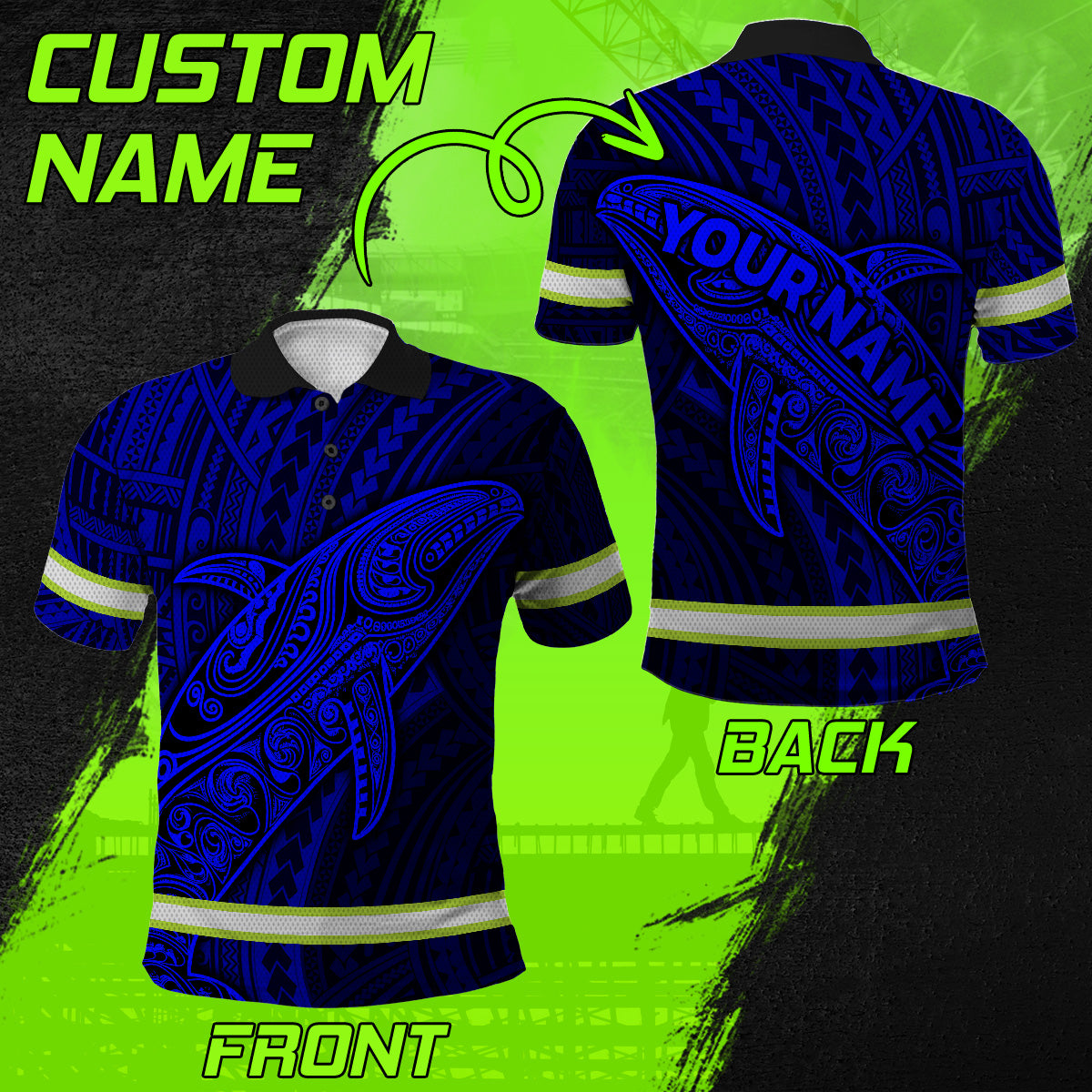 Hi Vis Polo Shirt Reflective Tapes Blue Neon Hawaii Whale Custom