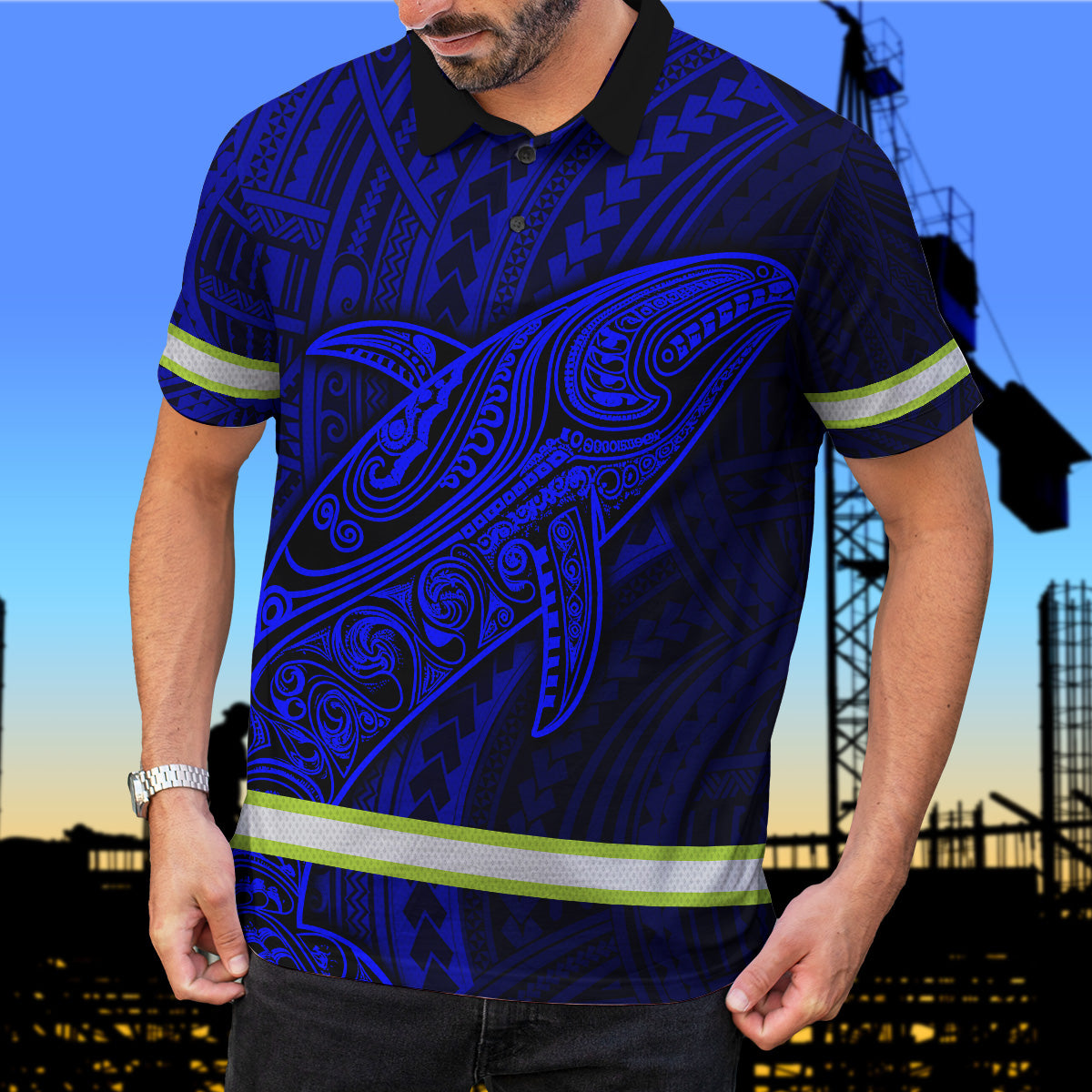 Hi Vis Polo Shirt Reflective Tapes Blue Neon Hawaii Whale Custom
