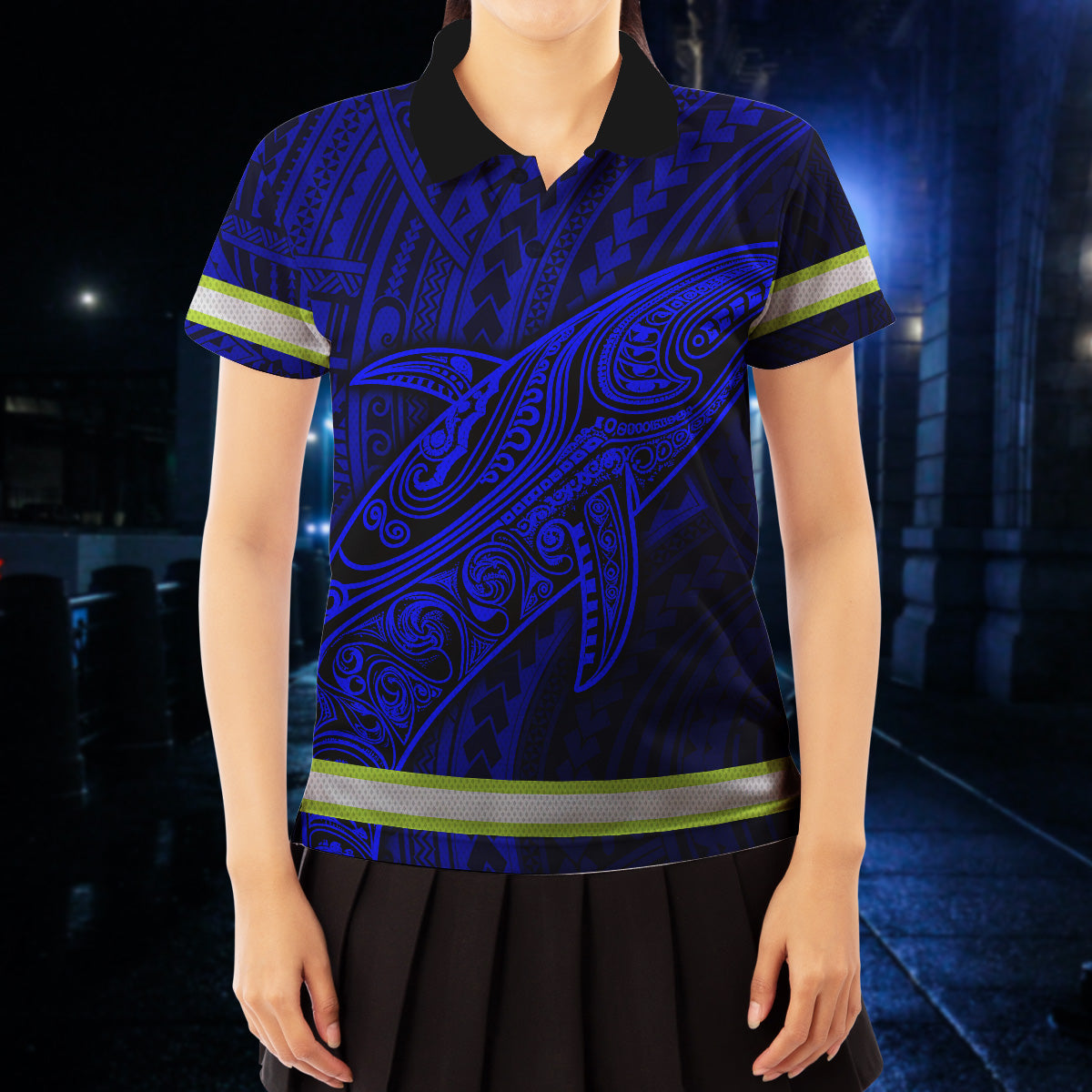 Hi Vis Polo Shirt Reflective Tapes Blue Neon Hawaii Whale Custom