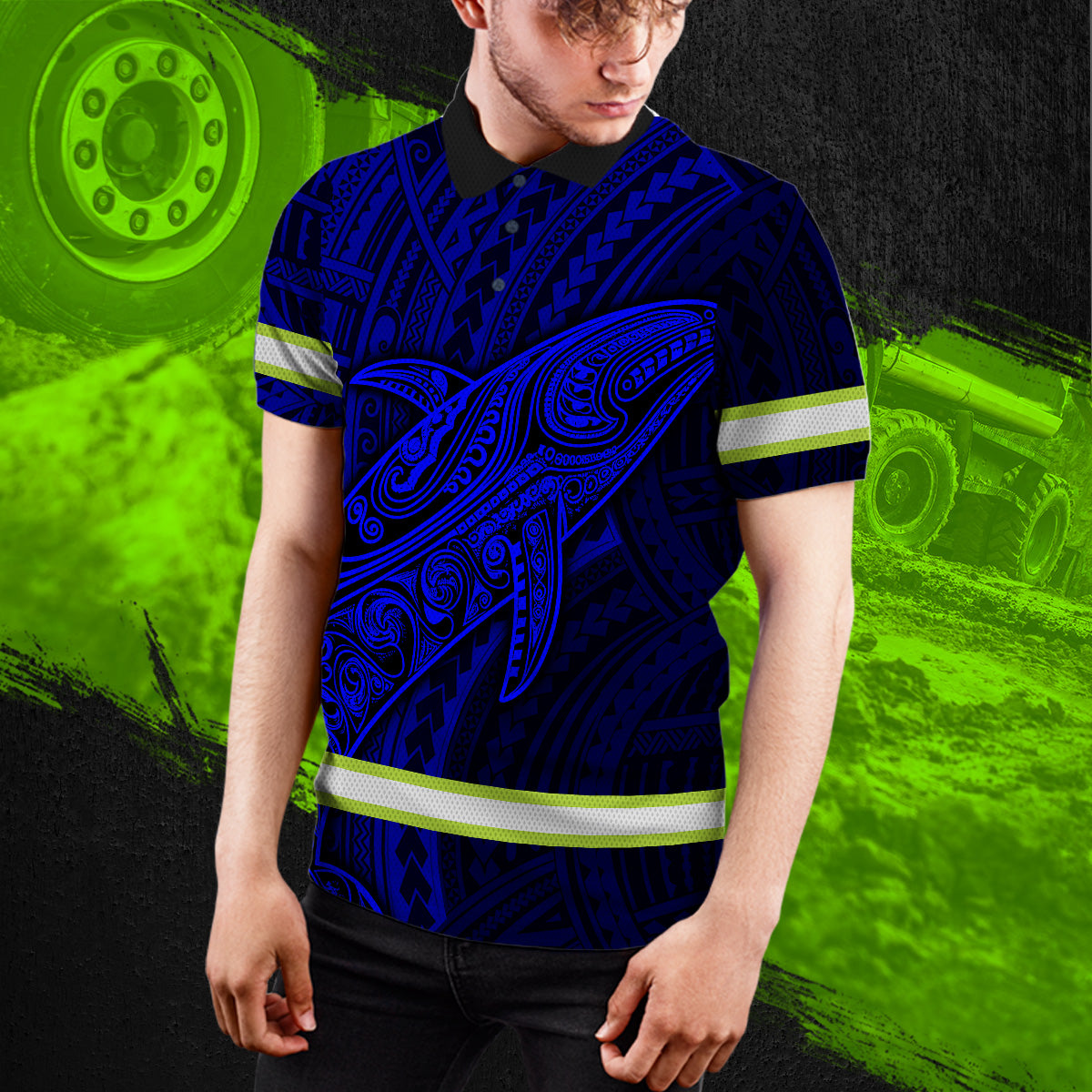 Hi Vis Polo Shirt Reflective Tapes Blue Neon Hawaii Whale Custom