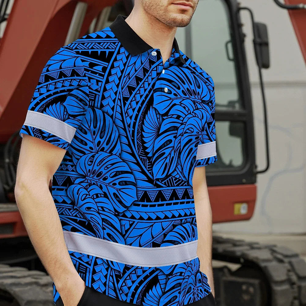 Hi Vis Polo Shirt Reflective Tapes Blue Neon Polynesian Tribal Custom Name Safety Workwear For Workers, Truckers, Operators