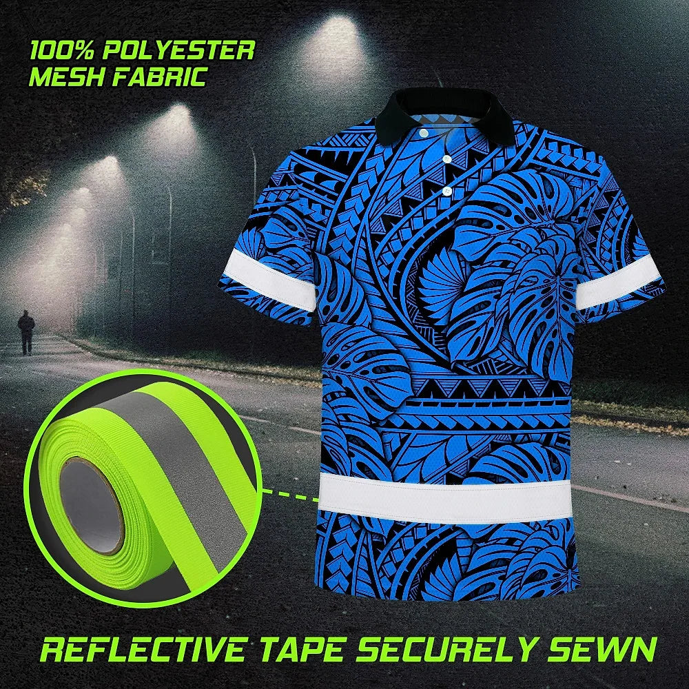 Hi Vis Polo Shirt Reflective Tapes Blue Neon Polynesian Tribal Custom Name Safety Workwear For Workers, Truckers, Operators