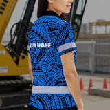 Hi Vis Polo Shirt Reflective Tapes Blue Neon Polynesian Tribal Custom Name Safety Workwear For Workers, Truckers, Operators