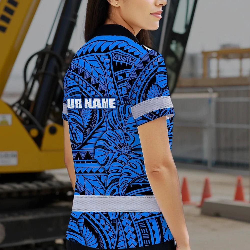 Hi Vis Polo Shirt Reflective Tapes Blue Neon Polynesian Tribal Custom Name Safety Workwear For Workers, Truckers, Operators