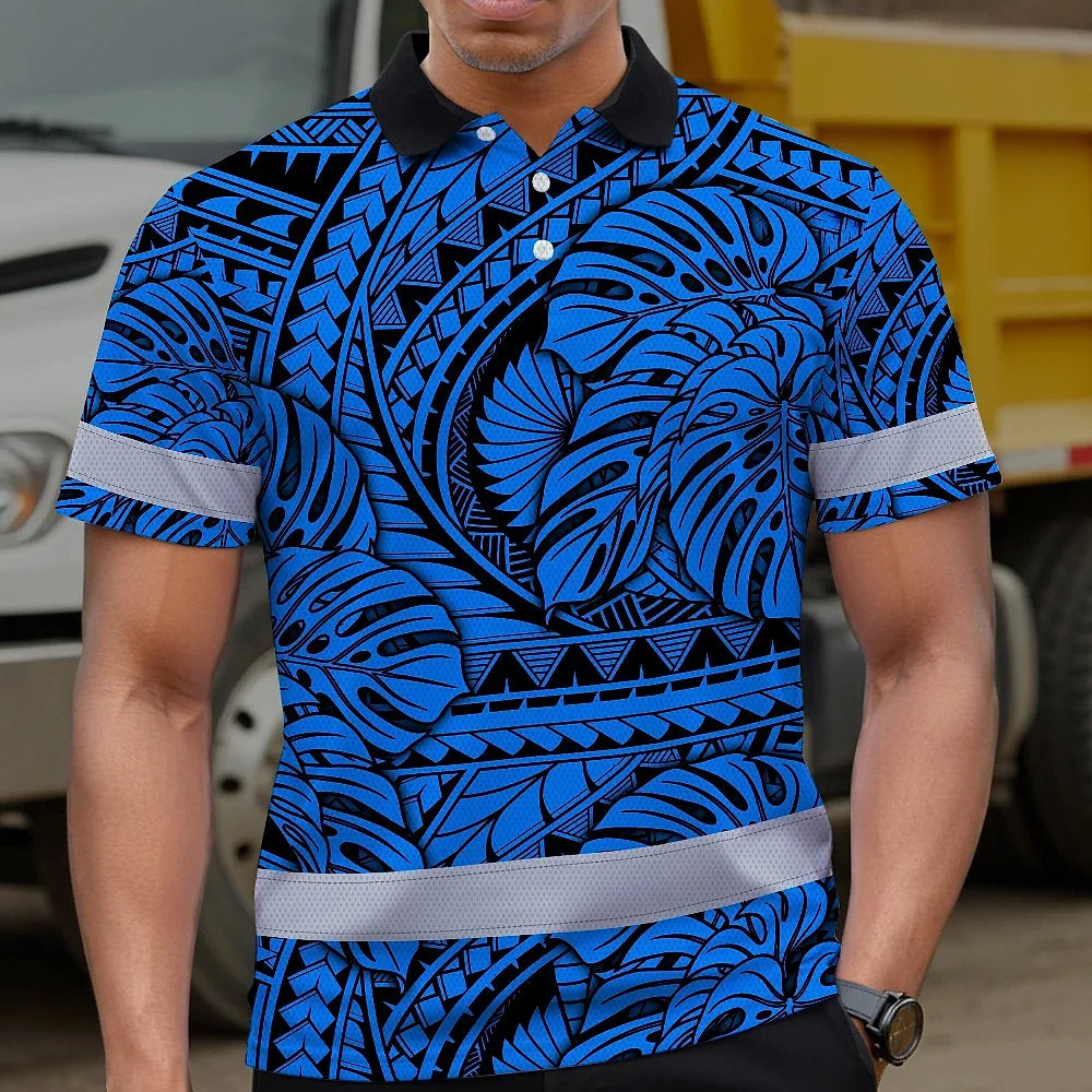 Hi Vis Polo Shirt Reflective Tapes Blue Neon Polynesian Tribal Custom Name Safety Workwear For Workers, Truckers, Operators