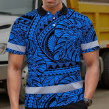 Hi Vis Polo Shirt Reflective Tapes Blue Neon Polynesian Tribal Custom Name Safety Workwear For Workers, Truckers, Operators
