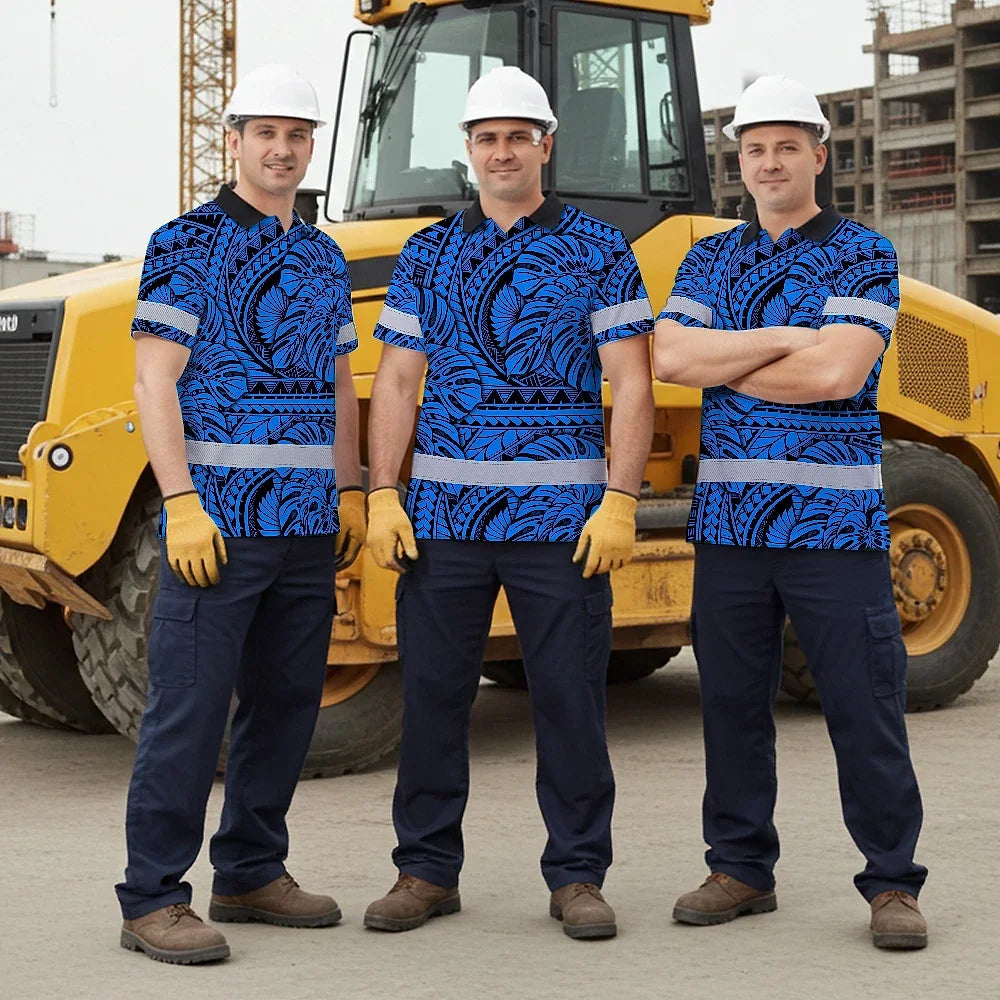 Hi Vis Polo Shirt Reflective Tapes Blue Neon Polynesian Tribal Custom Name Safety Workwear For Workers, Truckers, Operators