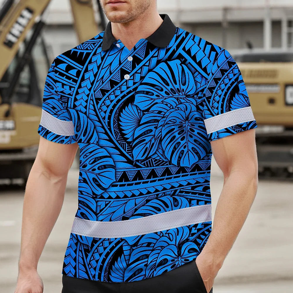 Hi Vis Polo Shirt Reflective Tapes Blue Neon Polynesian Tribal Custom Name Safety Workwear For Workers, Truckers, Operators