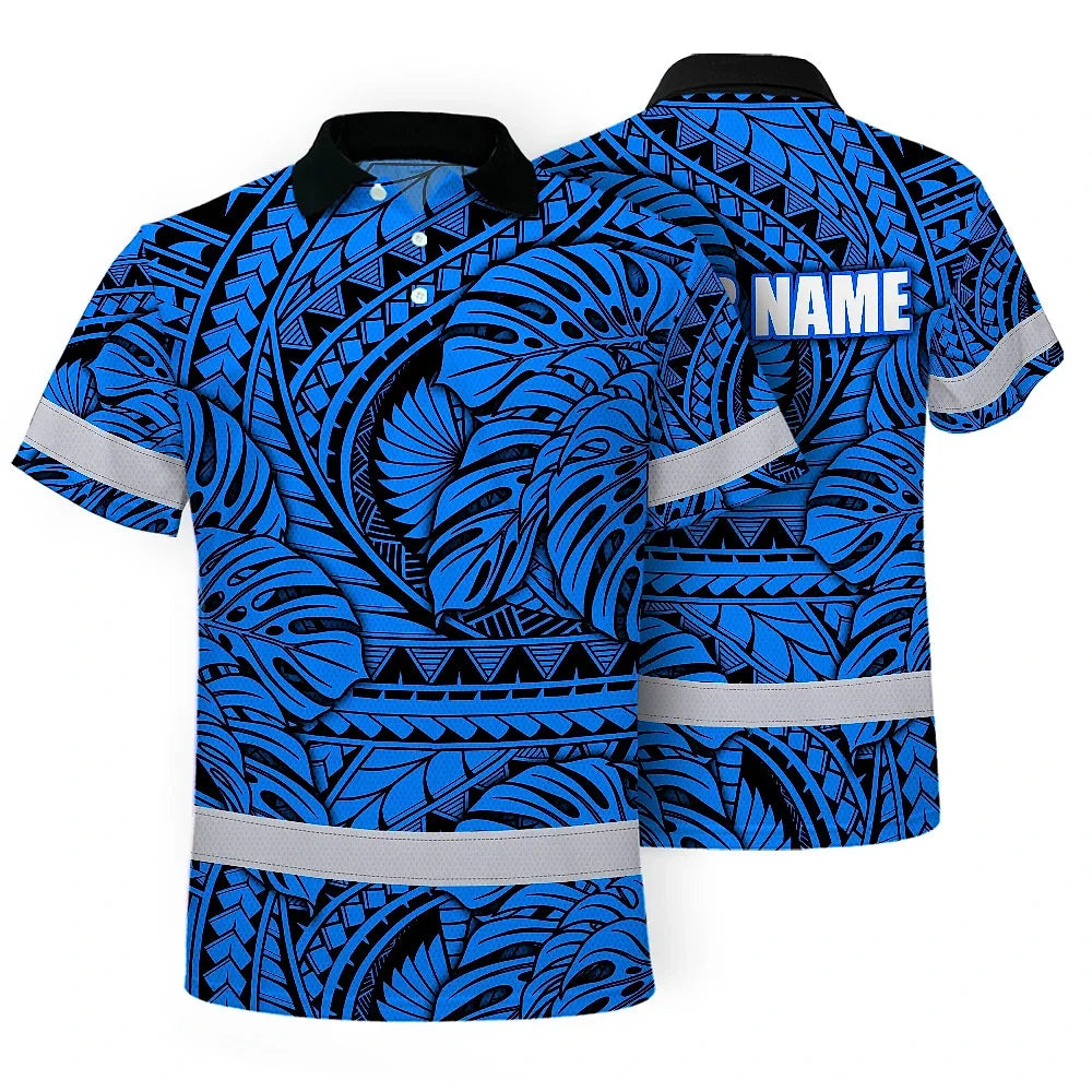 Hi Vis Polo Shirt Reflective Tapes Blue Neon Polynesian Tribal Custom Name Safety Workwear For Workers, Truckers, Operators
