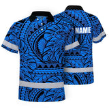 Hi Vis Polo Shirt Reflective Tapes Blue Neon Polynesian Tribal Custom Name Safety Workwear For Workers, Truckers, Operators