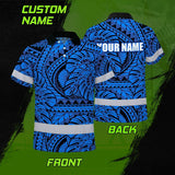Hi Vis Polo Shirt Reflective Tapes Blue Neon Polynesian Tribal Custom Name Safety Workwear For Workers, Truckers, Operators