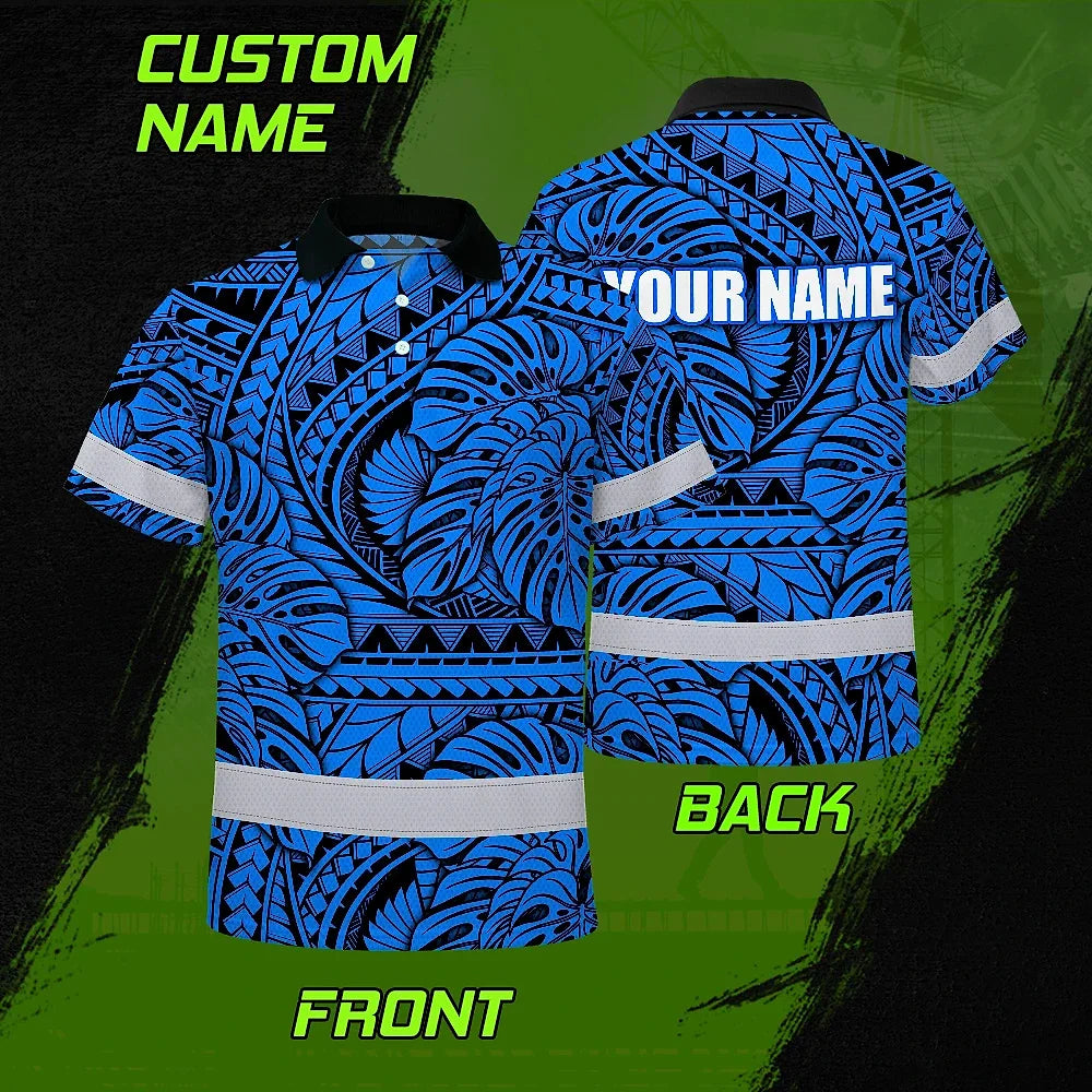 Hi Vis Polo Shirt Reflective Tapes Blue Neon Polynesian Tribal Custom Name Safety Workwear For Workers, Truckers, Operators