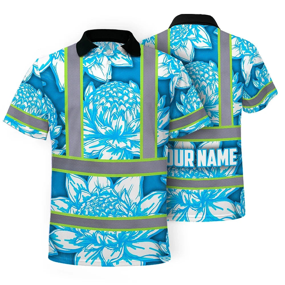 Hi Vis Polo Shirt Reflective Tapes Blue Neon White Protea Custom Name Safety Workwear For Workers, Truckers, Operators