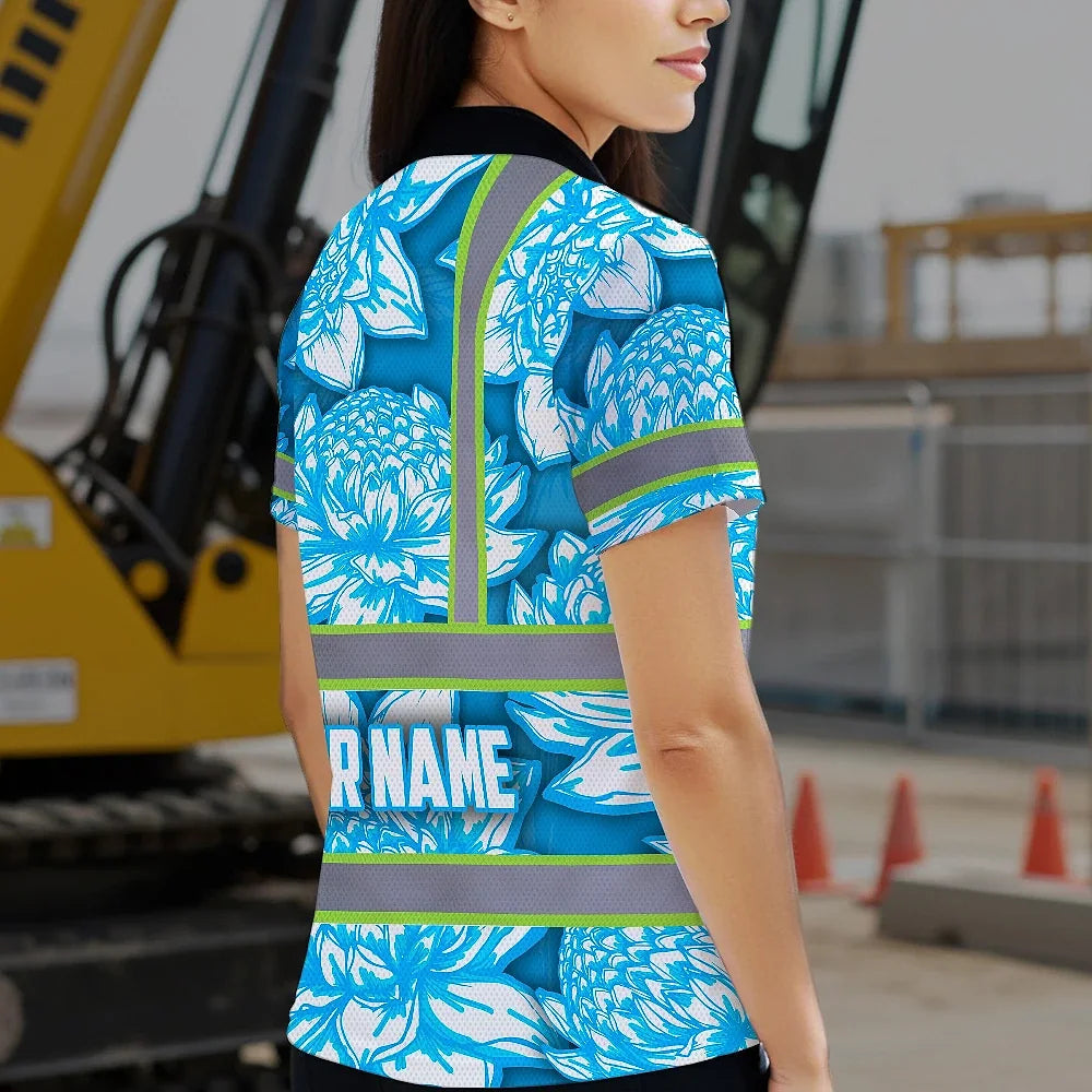 Hi Vis Polo Shirt Reflective Tapes Blue Neon White Protea Custom Name Safety Workwear For Workers, Truckers, Operators
