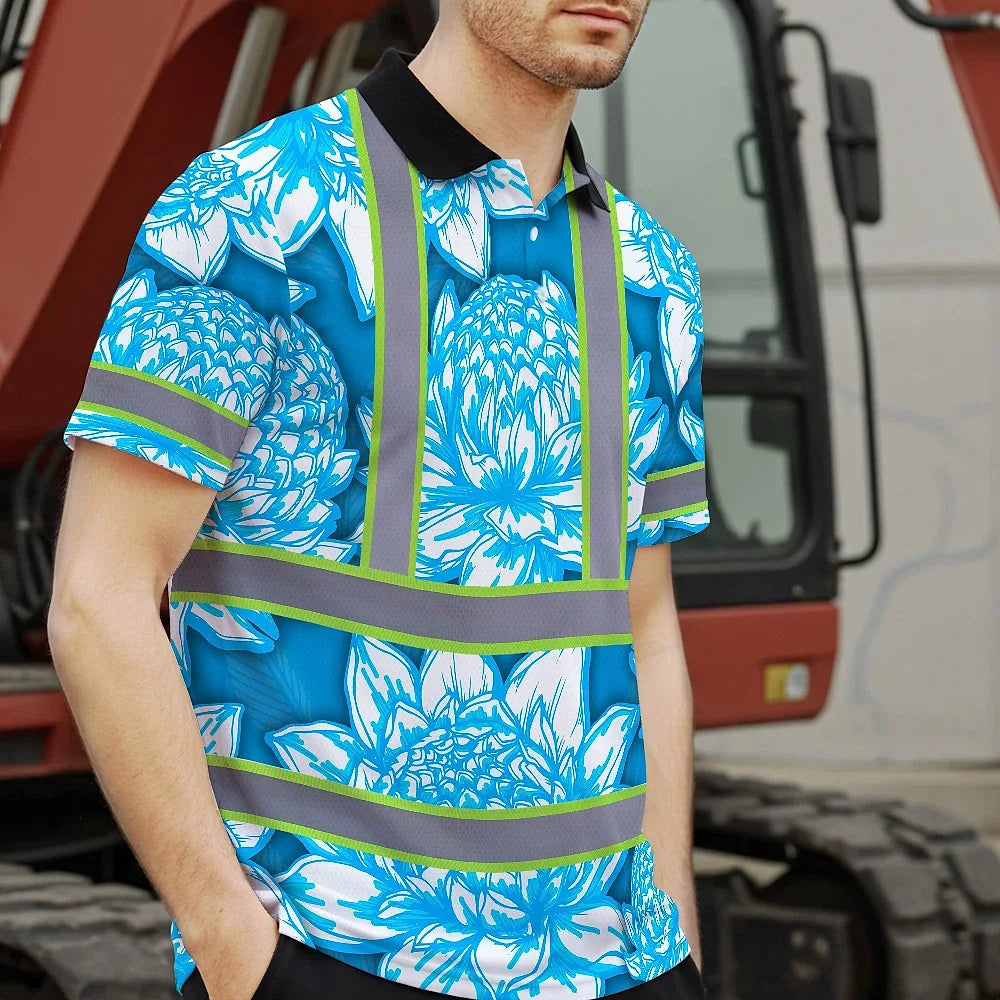 Hi Vis Polo Shirt Reflective Tapes Blue Neon White Protea Custom Name Safety Workwear For Workers, Truckers, Operators