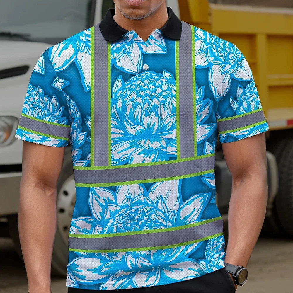 Hi Vis Polo Shirt Reflective Tapes Blue Neon White Protea Custom Name Safety Workwear For Workers, Truckers, Operators