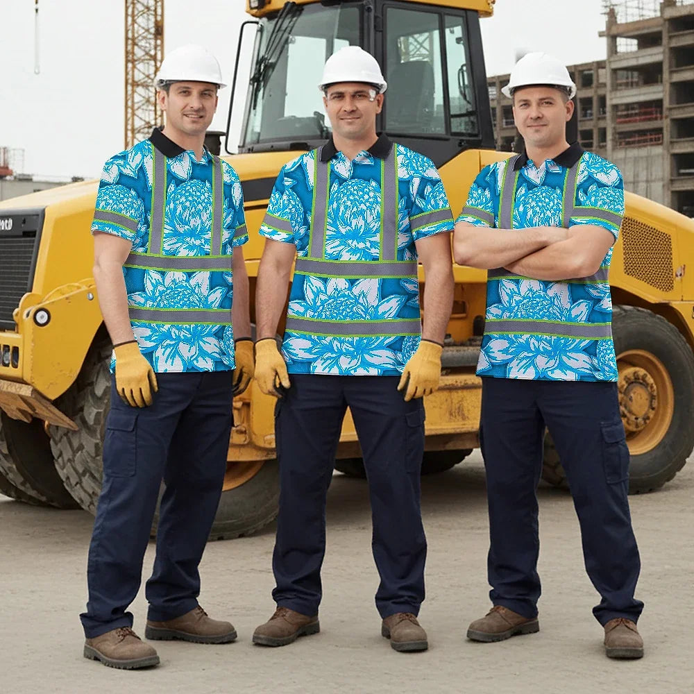 Hi Vis Polo Shirt Reflective Tapes Blue Neon White Protea Custom Name Safety Workwear For Workers, Truckers, Operators