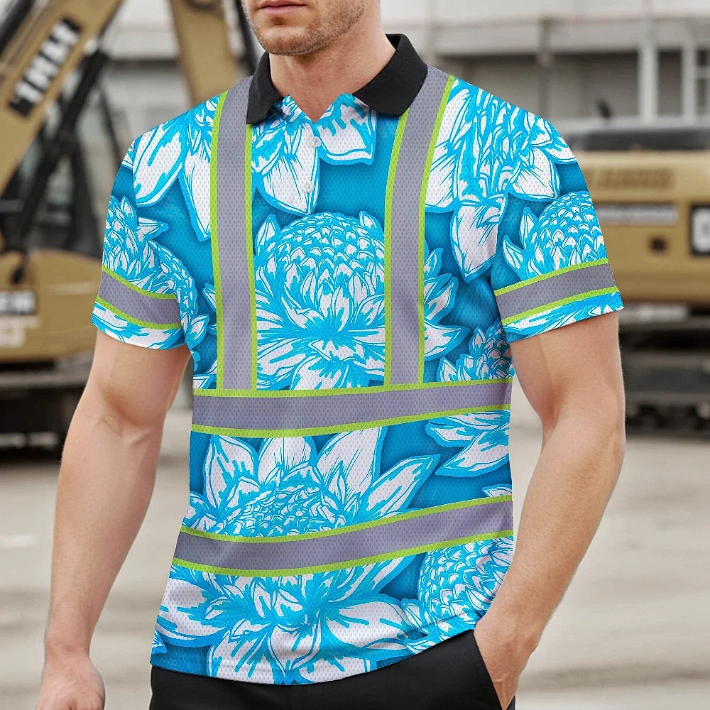 Hi Vis Polo Shirt Reflective Tapes Blue Neon White Protea Custom Name Safety Workwear For Workers, Truckers, Operators