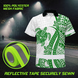 Hi Vis Polo Shirt Reflective Tapes Dark Green Neon Polynesian Turtle Custom Name Safety Workwear For Workers, Truckers, Operators