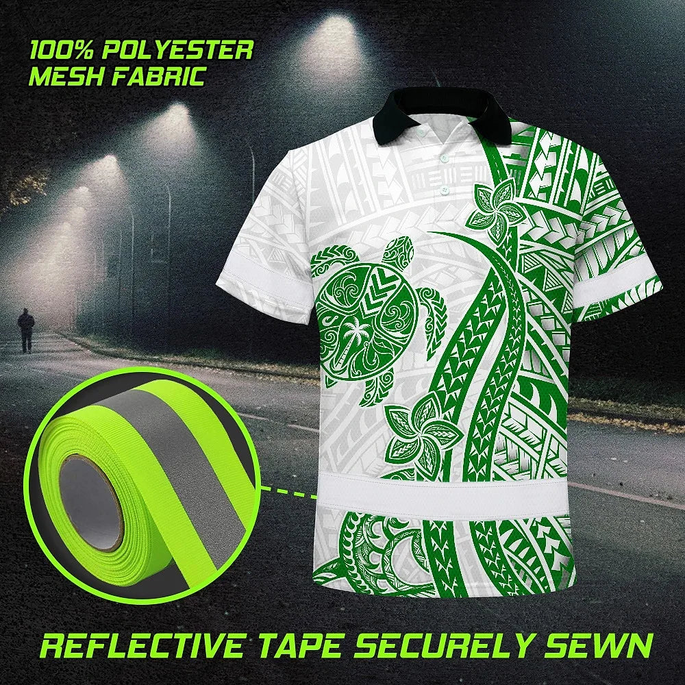 Hi Vis Polo Shirt Reflective Tapes Dark Green Neon Polynesian Turtle Custom Name Safety Workwear For Workers, Truckers, Operators