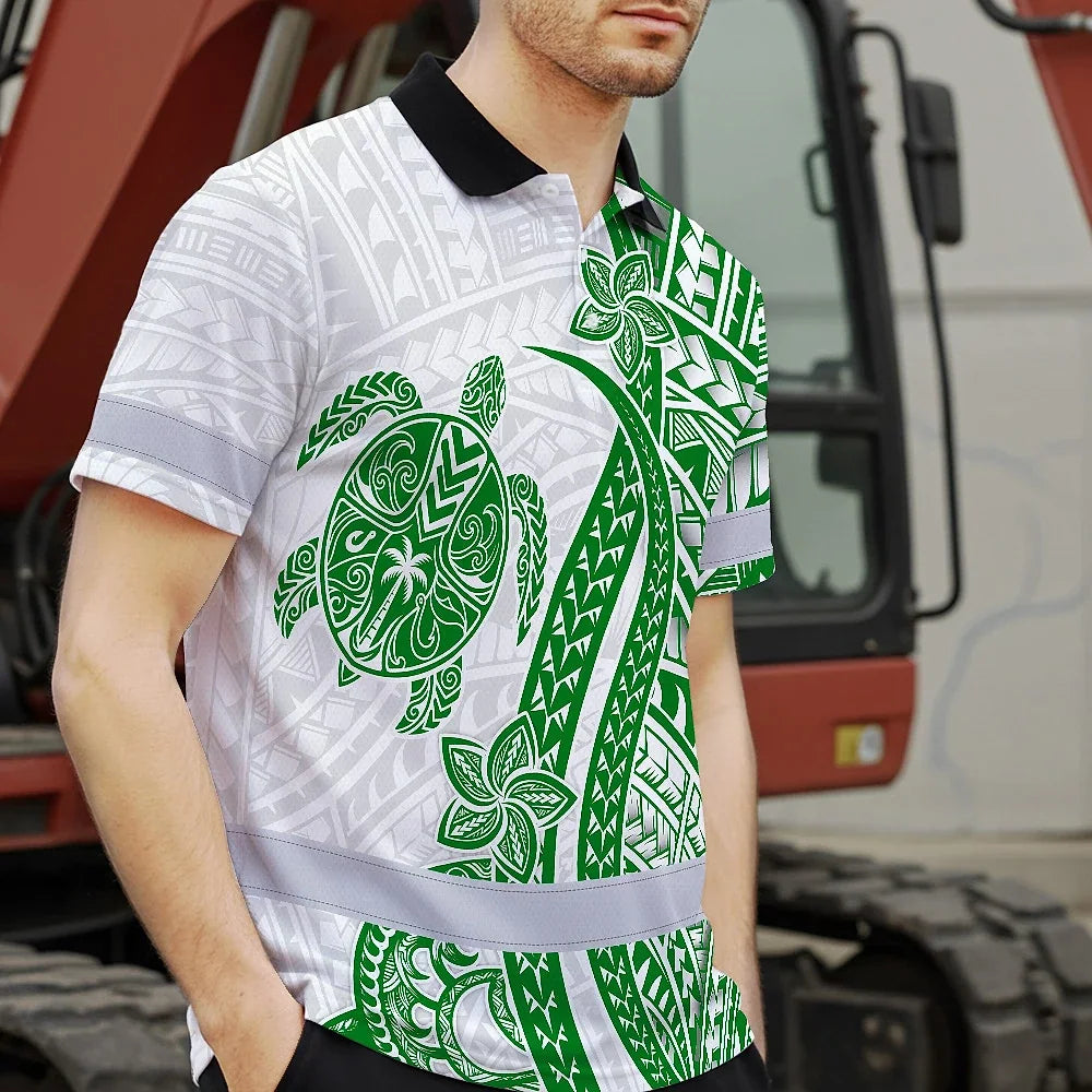 Hi Vis Polo Shirt Reflective Tapes Dark Green Neon Polynesian Turtle Custom Name Safety Workwear For Workers, Truckers, Operators