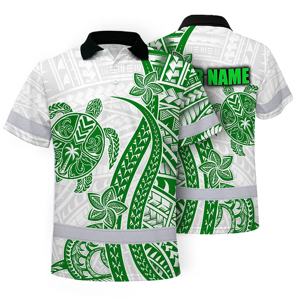 Hi Vis Polo Shirt Reflective Tapes Dark Green Neon Polynesian Turtle Custom Name Safety Workwear For Workers, Truckers, Operators