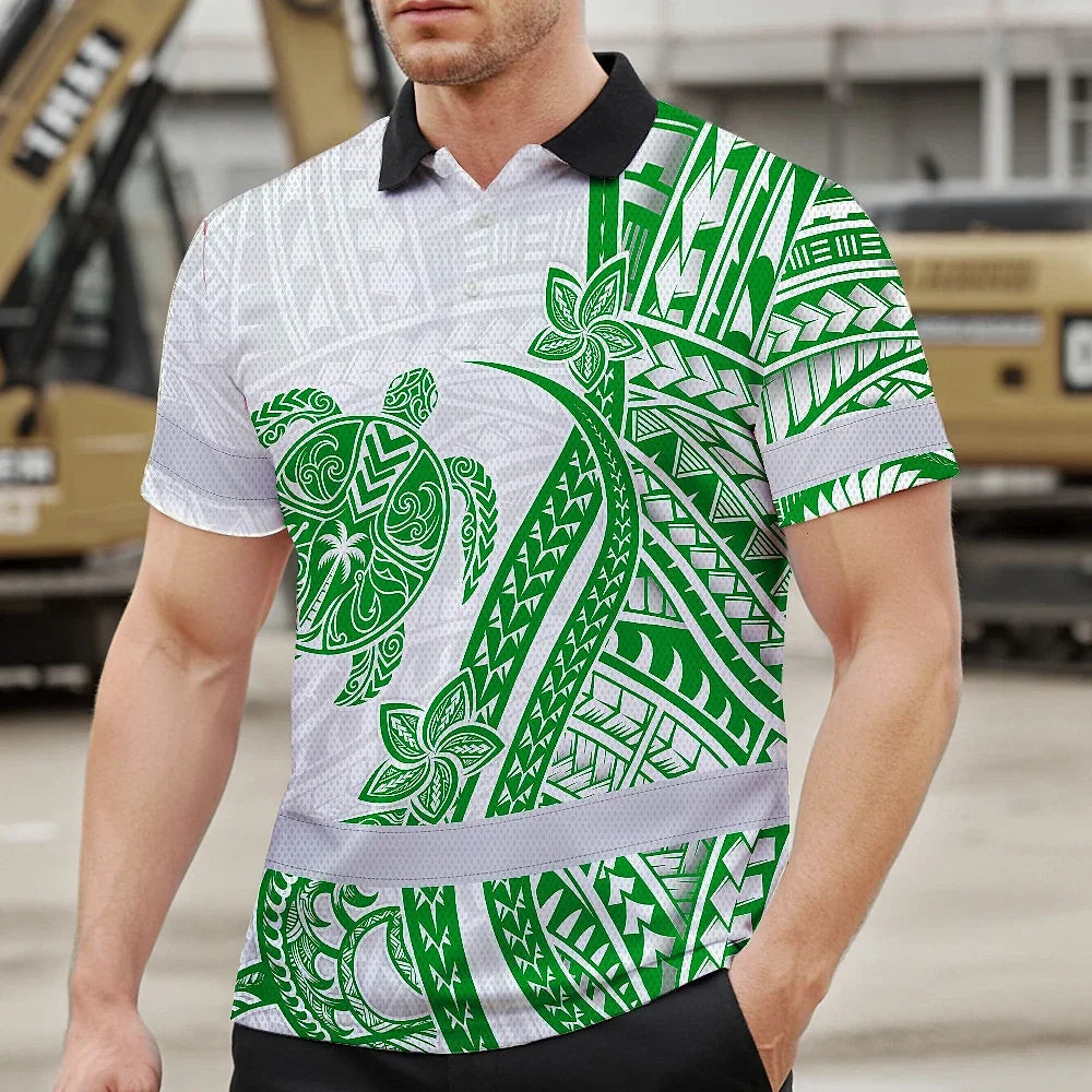 Hi Vis Polo Shirt Reflective Tapes Dark Green Neon Polynesian Turtle Custom Name Safety Workwear For Workers, Truckers, Operators