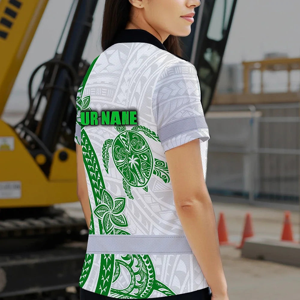 Hi Vis Polo Shirt Reflective Tapes Dark Green Neon Polynesian Turtle Custom Name Safety Workwear For Workers, Truckers, Operators