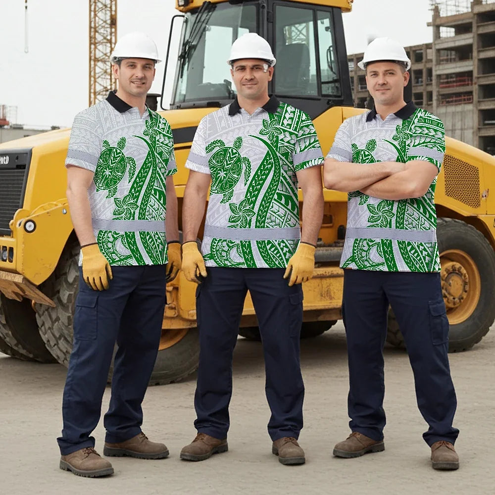 Hi Vis Polo Shirt Reflective Tapes Dark Green Neon Polynesian Turtle Custom Name Safety Workwear For Workers, Truckers, Operators