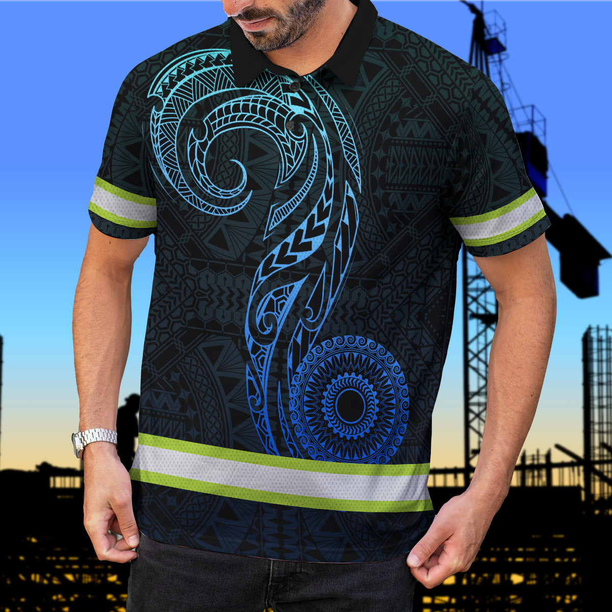 Hi Vis Polo Shirt Reflective Tapes Gradient Blue Neon Hawaii