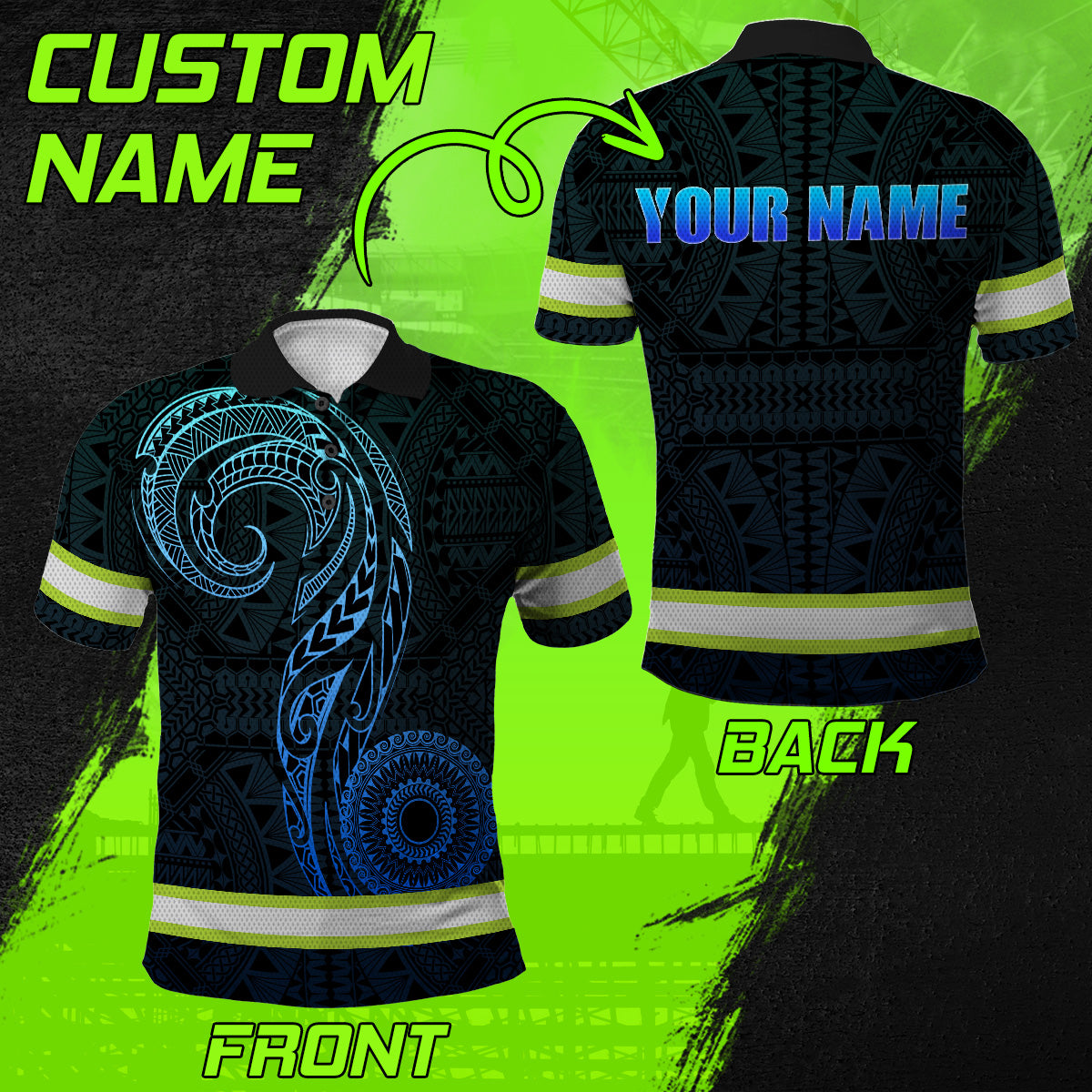 Hi Vis Polo Shirt Reflective Tapes Gradient Blue Neon Hawaii