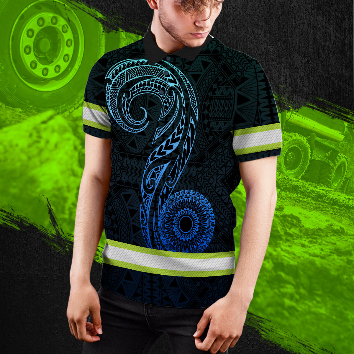 Hi Vis Polo Shirt Reflective Tapes Gradient Blue Neon Hawaii