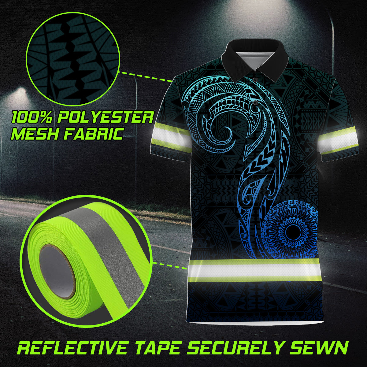 Hi Vis Polo Shirt Reflective Tapes Gradient Blue Neon Hawaii
