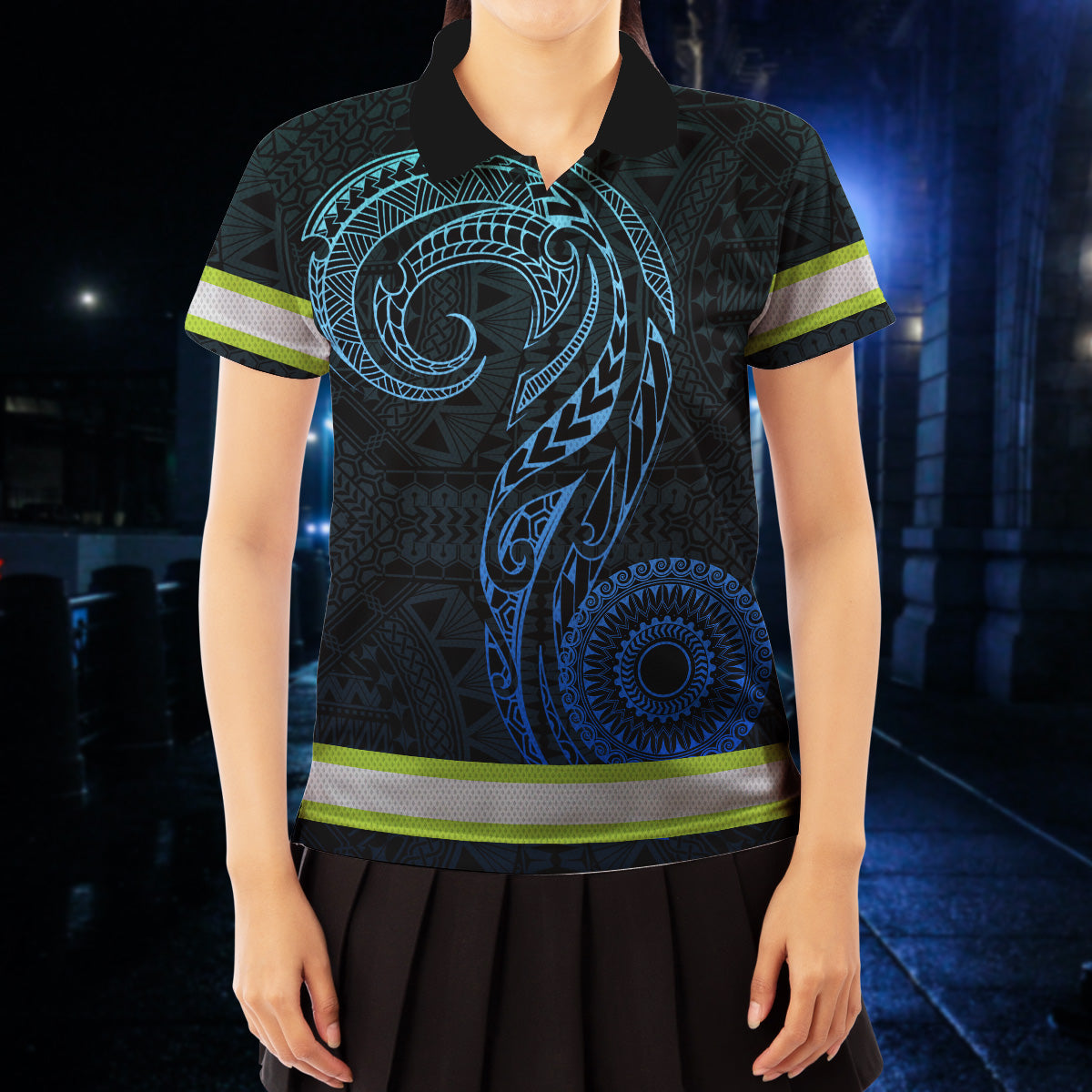 Hi Vis Polo Shirt Reflective Tapes Gradient Blue Neon Hawaii
