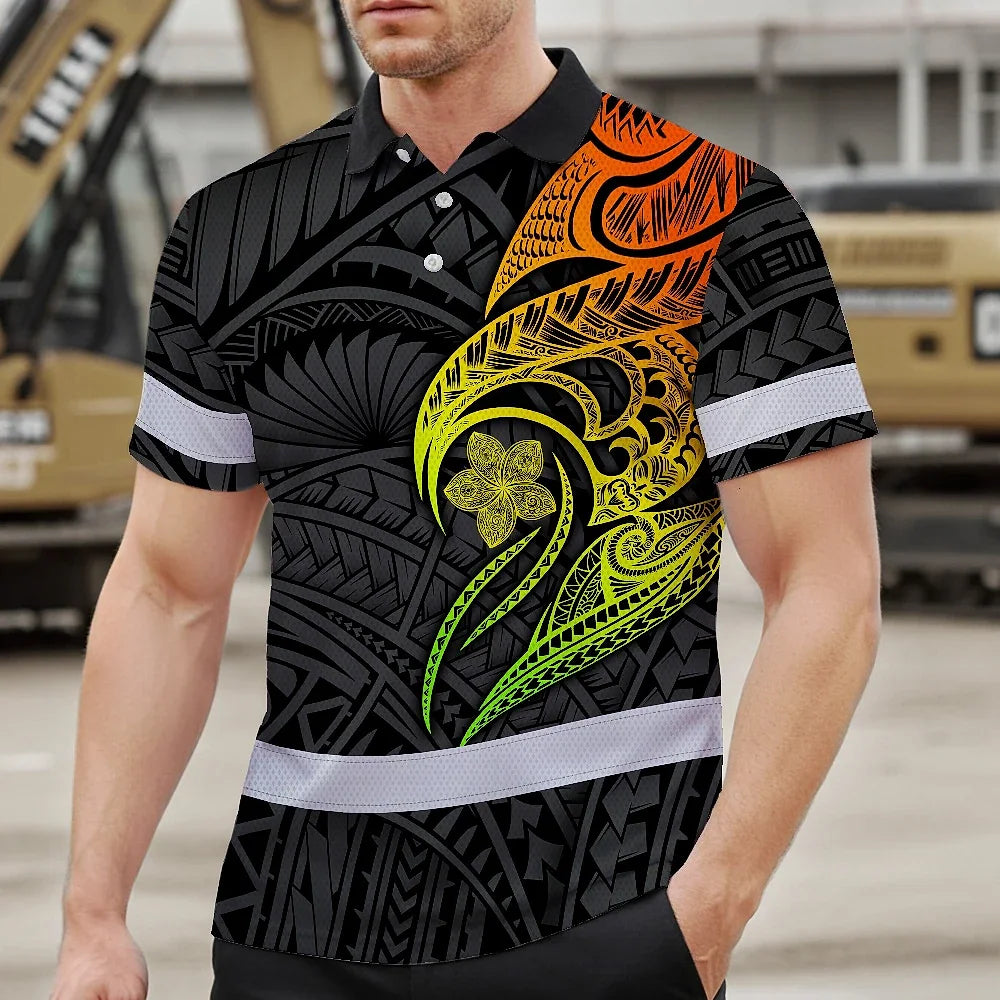 Hi Vis Polo Shirt Reflective Tapes Gradient Green Orange Polynesian Tribal Custom Name Safety Workwear For Workers, Truckers, Operators