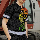Hi Vis Polo Shirt Reflective Tapes Gradient Green Orange Polynesian Tribal Custom Name Safety Workwear For Workers, Truckers, Operators