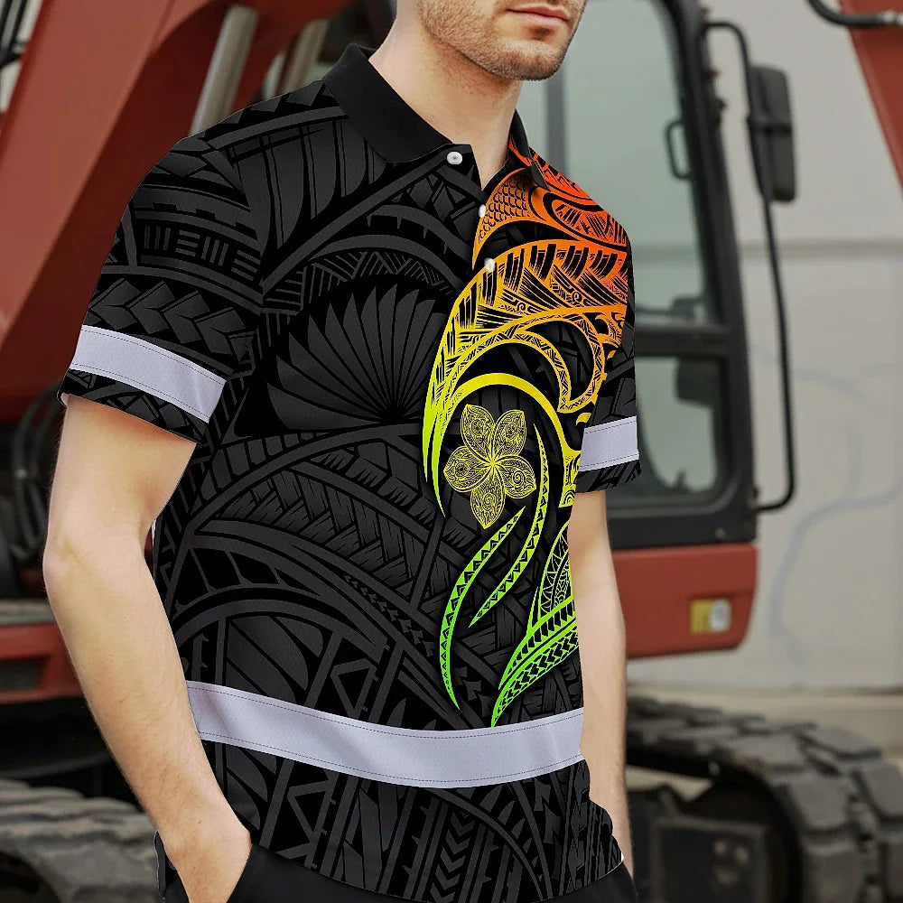 Hi Vis Polo Shirt Reflective Tapes Gradient Green Orange Polynesian Tribal Custom Name Safety Workwear For Workers, Truckers, Operators
