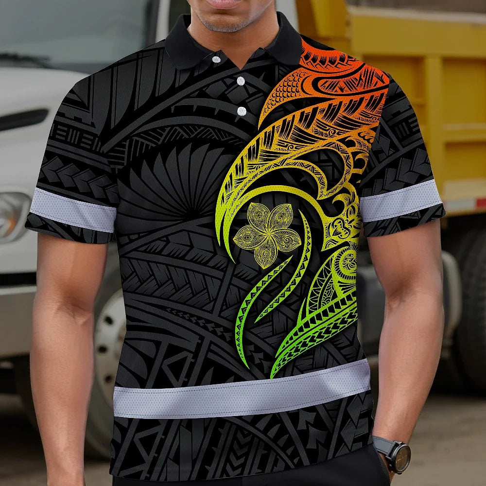 Hi Vis Polo Shirt Reflective Tapes Gradient Green Orange Polynesian Tribal Custom Name Safety Workwear For Workers, Truckers, Operators
