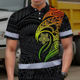 Hi Vis Polo Shirt Reflective Tapes Gradient Green Orange Polynesian Tribal Custom Name Safety Workwear For Workers, Truckers, Operators