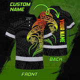Hi Vis Polo Shirt Reflective Tapes Gradient Green Orange Polynesian Tribal Custom Name Safety Workwear For Workers, Truckers, Operators