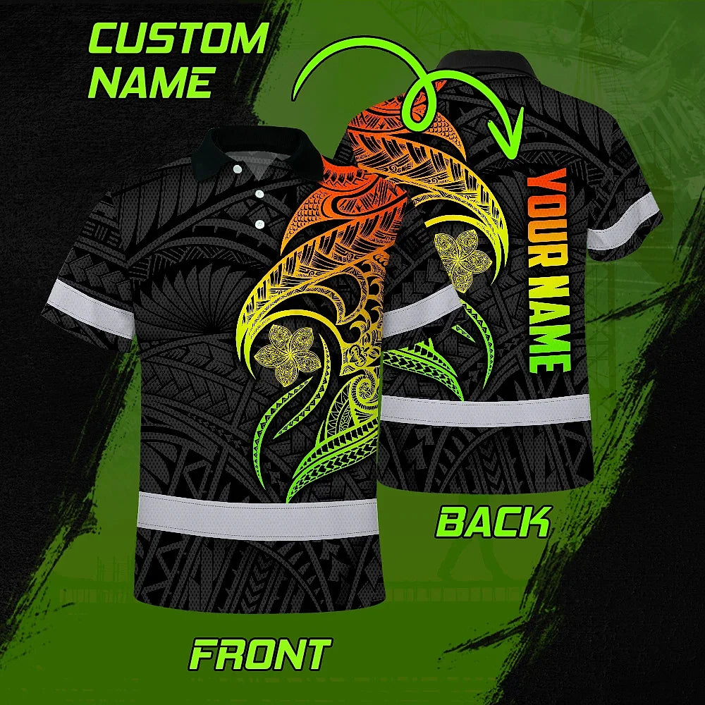 Hi Vis Polo Shirt Reflective Tapes Gradient Green Orange Polynesian Tribal Custom Name Safety Workwear For Workers, Truckers, Operators