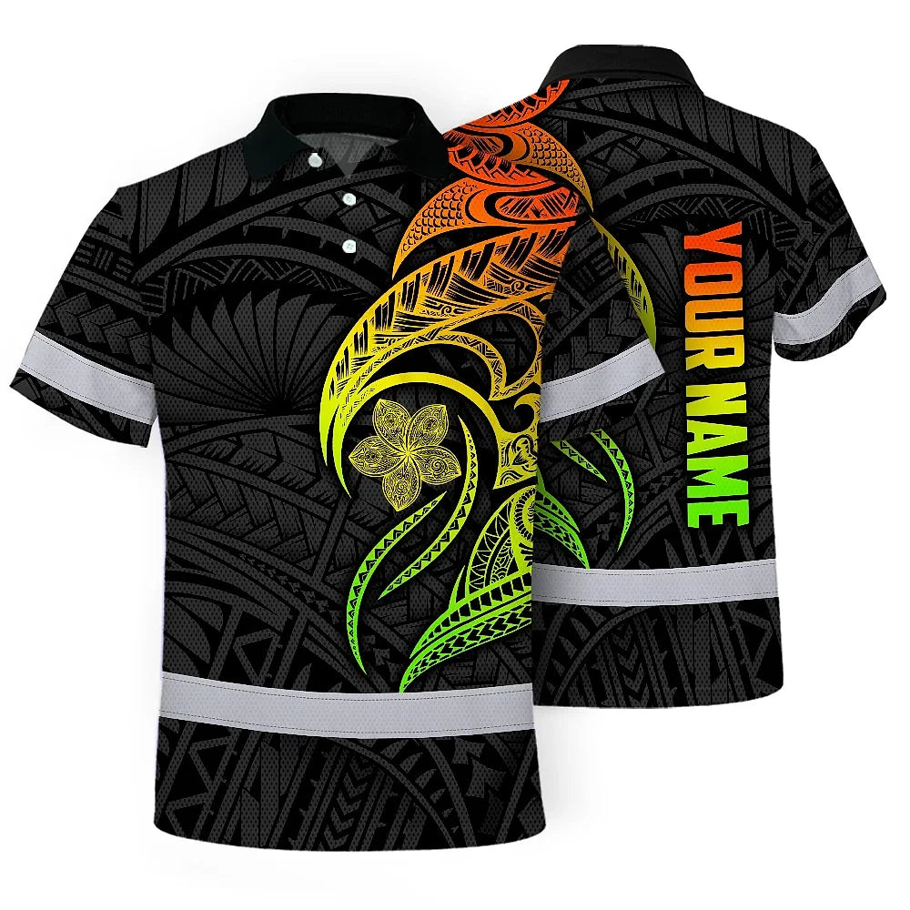 Hi Vis Polo Shirt Reflective Tapes Gradient Green Orange Polynesian Tribal Custom Name Safety Workwear For Workers, Truckers, Operators