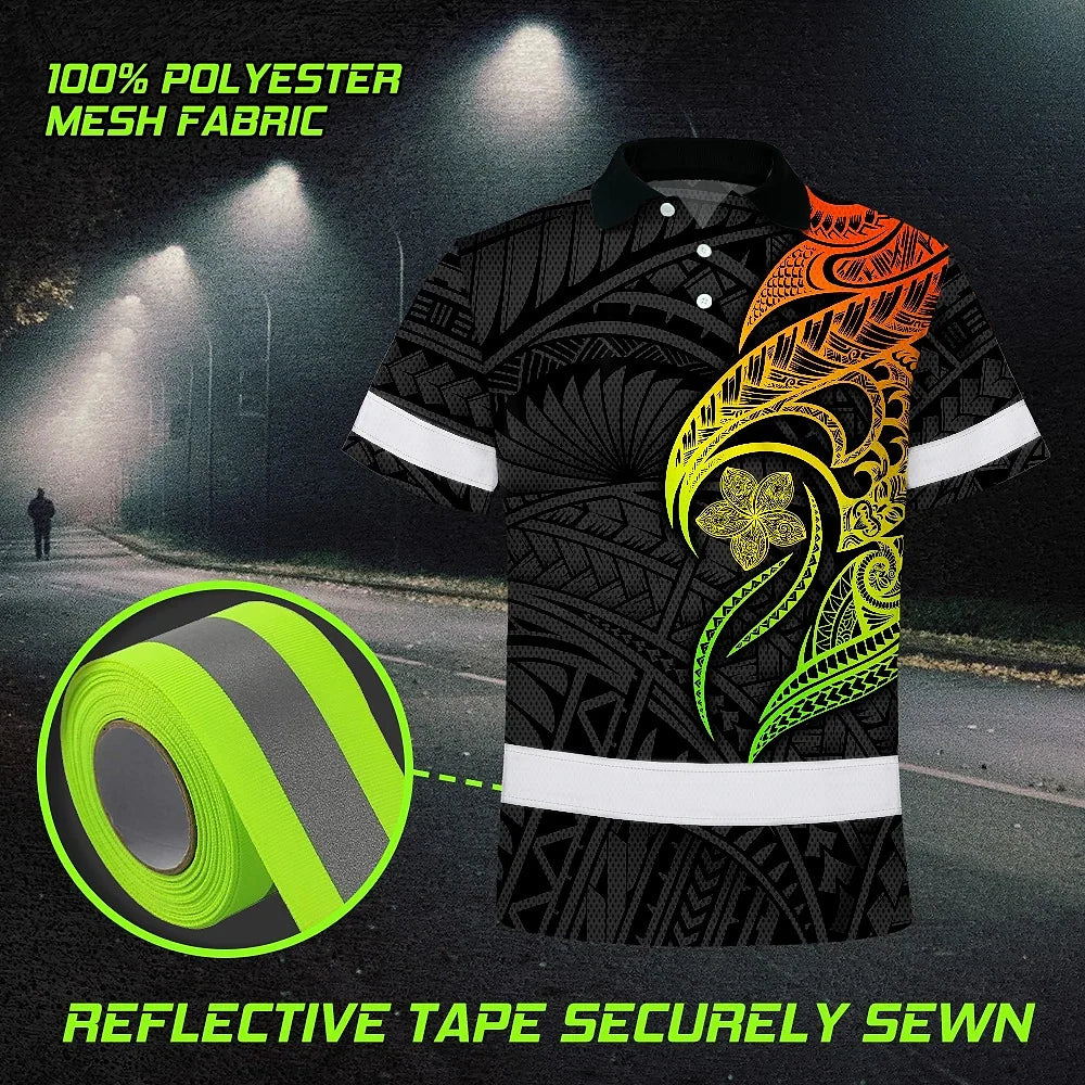 Hi Vis Polo Shirt Reflective Tapes Gradient Green Orange Polynesian Tribal Custom Name Safety Workwear For Workers, Truckers, Operators
