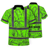 Hi Vis Polo Shirt Reflective Tapes Green Black Neon Flowers Custom Name Safety Workwear For Workers, Truckers, Operators